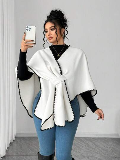 Elenzga Poncho informal con adorno floral para mujer talla grande, otoño/invierno