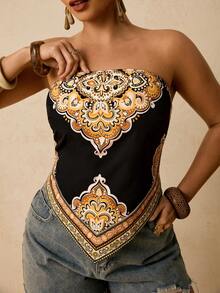 Travachic 大码女式简约热带印花吊带背心，休闲海滩度假风 - 黑色和金色 - 查看 1