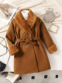 少女冬季时尚双排扣系带人造毛领袖口外套 - 棕色 - 查看 6