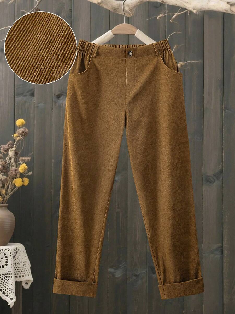 Linhara Pantaloni casual versatili con tasche, taglia comoda, colore unito