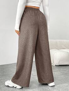 SHEIN Essnce 大码女装秋冬时尚休闲宽松日常舒适复古灰色弹力腰阔腿裤，女式下装，工作裤，秋季穿搭，复古风，经典裤装，曲线裤 - 卡其色 - 查看 2