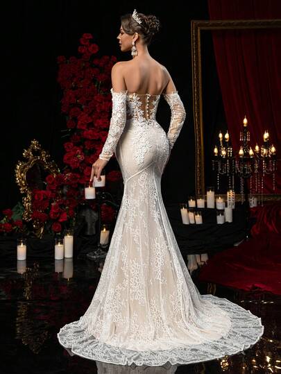 Glamrae Elegant lyxig sjöjungfruklänning med broderad spetsapplikation och avtagbara ärmar med bara axlar och släpkant, lämplig för bröllop, evenemang, möhippa, smekmånad, baler