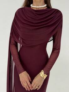 Aloruh Women's Elegant Ruffle Long Sleeve Bodycon Dress, Autumn Burgundy - Purple - View 3