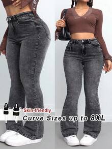 SHEIN CURVE+ Jeans évasés casual polyvalents avec poche de blocs de couleurs, grande taille. Jeans évasés haute taille, délavés neige, pour Noël, Nouvel An. Jeans évasés adaptés au bureau en hiver - Bleu azur - Voir 1