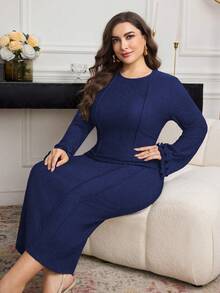 Modelyn 大码纯色针织纹理圆领喇叭袖修身中长连衣裙，春秋季 - 藏蓝色 - 查看 5