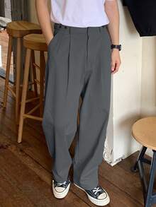 Claim Dot 男士纯色褶裥口袋宽松休闲裤 男士宽松直筒休闲裤 日系裤 韩系裤 男士灰色宽松裤 - 深灰色 - 查看 3