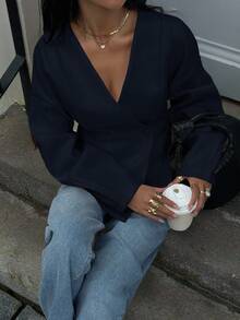 Siren Gaze Damen Einfarbige V-Ausschnitt Langarm Doppelreiher Lässig Jacke