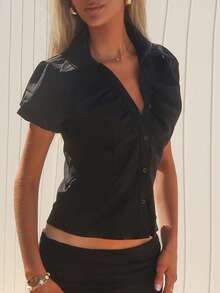 Sydney Algeri V-Neck Ruched Revealing Chest Women's Slim Fit Short Sleeve Shirt (Consider One Size Up For Larger Cup Size), Fashionable And Versatile For Office,Short Sleeve Tops - Black - View 5