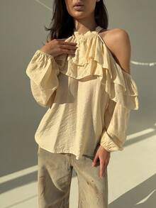 Aloruh Áo cánh dài tay trễ vai viền bèo nhún màu trơn thời trang cho nữ - Màu be - Xem 7