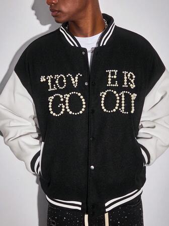 Prep Men's Letter Beaded Embroidery Drop Shoulder Long Sleeve Casual Baseball Jacket