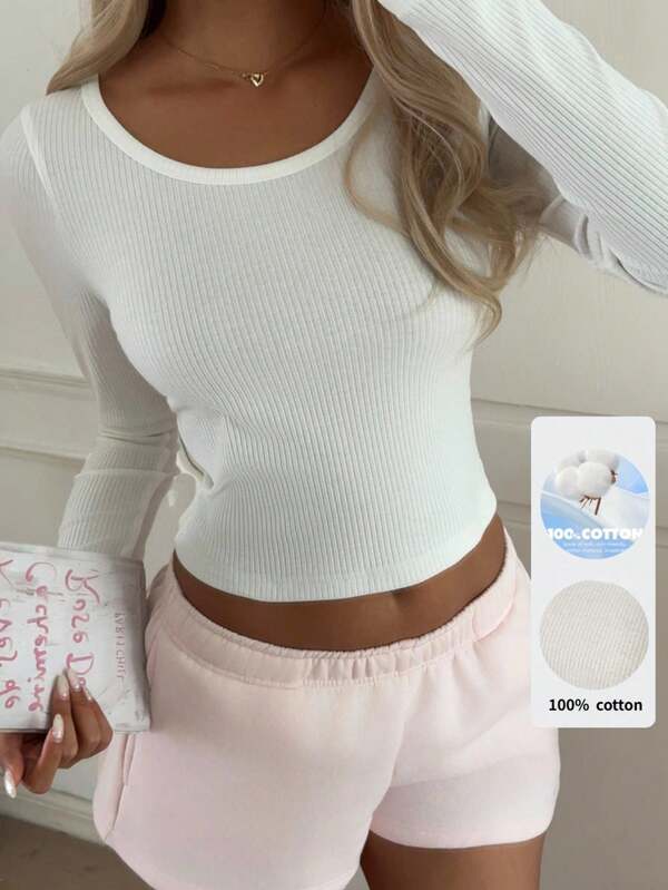 CovetEZ Camiseta feminina branca casual e versátil de manga comprida e corte slim.