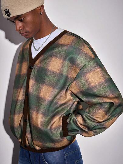 Men's Plaid Drop Shoulder Long Sleeve Single-Breasted Casual Jacket, Autumn/Winter