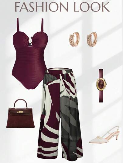 Swim Oasis Conjunto de 2 piezas talla grande para mujer con traje de baño de una pieza con escote bajo y tirantes finos de tela jacquard verde, talla grande falda y cubridor de playa