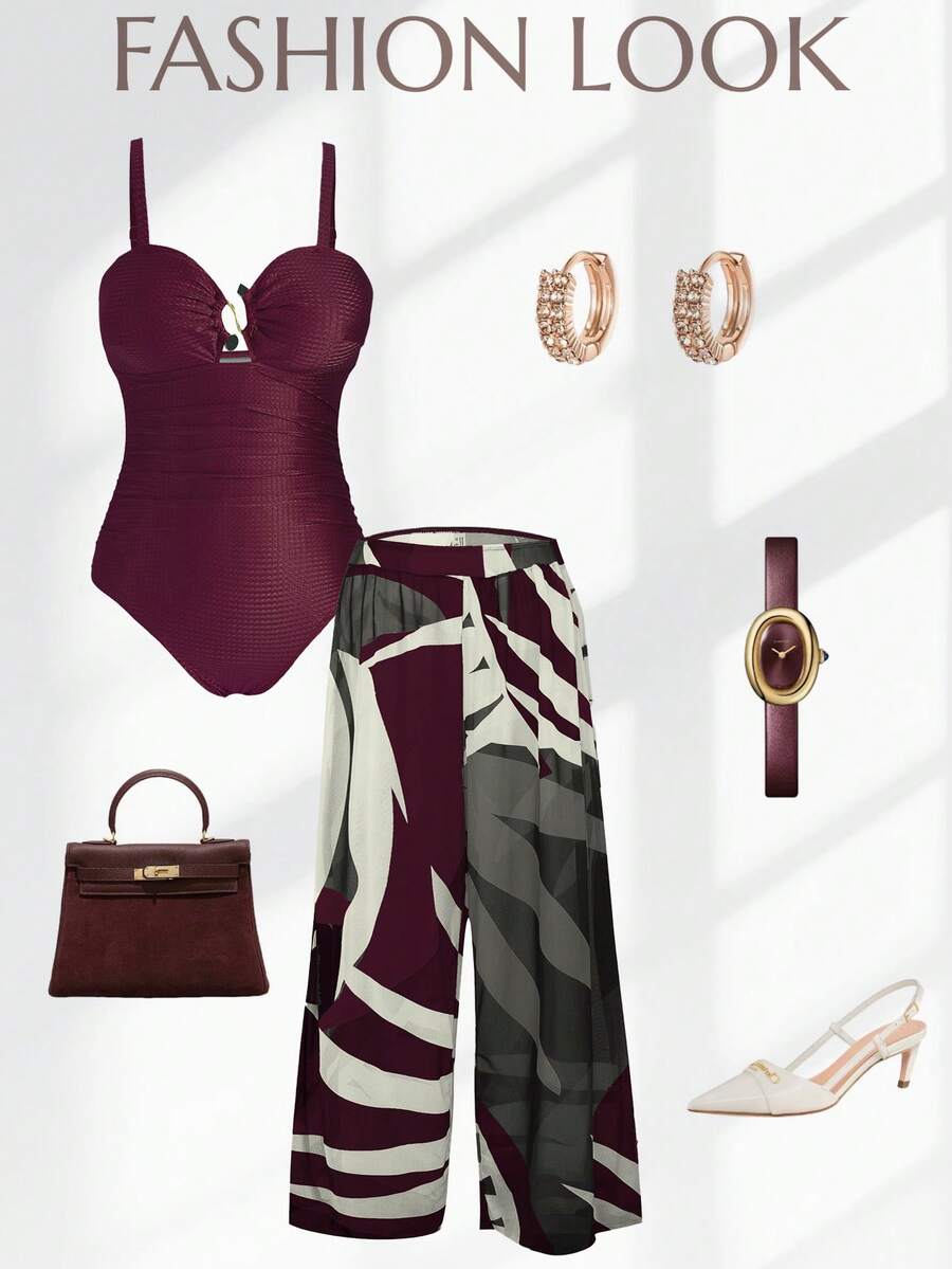 Swim Oasis Plus Size Women Green Jacquard Fabric Casual Vacation Spaghetti Strap Low Neck One-Piece Swimsuit With Skirt And Beachwear Coverup 2 Pcs Set For Summer - Purple - View 1