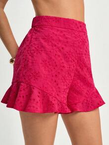 CAJUNI Quần short thường ngày màu hồng fuchsia thêu viền nhún bèo phong cách Bohemian dành cho nữ, mùa hè - Màu Hồng Tươi - Xem 4