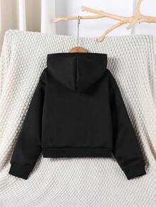 Genkimix Kids 少女外套，纯色时尚蝴蝶结卫衣夹克，舒适加厚保暖内衬卫衣面料，袖口蝴蝶结装饰，青春活力风格，适合返校季或休闲户外穿着 - 黑色 - 查看 2