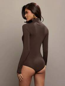 Hauture Women's Sexy Minimalist Solid Color High Neck Long Sleeve Bodysuit, Spring/Summer/Autumn - Brown - View 3