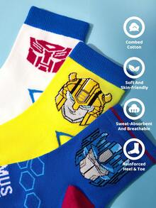 Transformers X SHEIN 3 Pairs Autobots Boys Cotton Soft & Breathable Moisture-Wicking Kids Mid-Calf Socks Blue&Yellow&White Cute Hero Cartoon Crew Socks Reinforced Toe & Heel For Durability All Seasons All-Match School & Outdoor Summer Winter,Gift Ideas - 彩色 - 查看 3