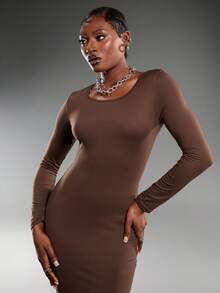 Normani Damen Einfarbiges Langarm Figurbetontes Kleid - Kaffeebraun - Übersicht 6