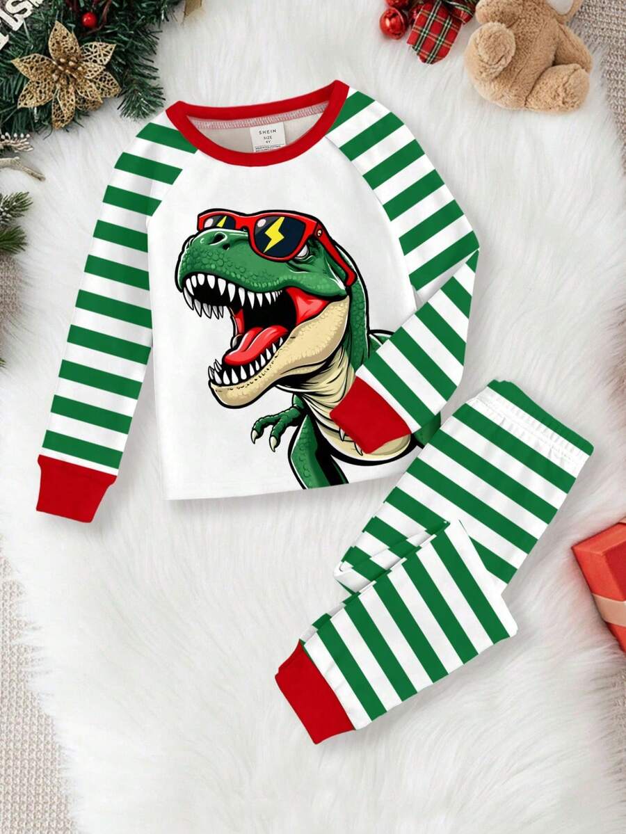 SHEIN Happikins Snug Fit Cartoon Dinosaur,Stripe Christmas Pattern Pajama Set,White Autumn Family Matching Casual Comfortable Top And Pants,All Seasons - Multicolor - View 1