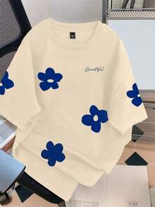 Claim Dot Men's Summer Letter & Floral Print Round Neck Short Sleeve Casual T-Shirt - Khaki - View 2