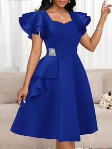 SHEIN Lady Sweetheart Collar Ruffle Cap Sleeve Pleated Waist Elegant Rhinestone Embellished Dress - Royal Blue - View 6