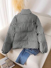 CosyJoli Áo khoác cổ đứng thêu họa tiết gấu kẻ caro đỏ thường ngày cỡ lớn - Đen và trắng - Xem 3