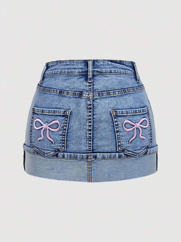 Sweetra تنورة جينز كاجوال مغسولة مع تطريز فراشة للنساء