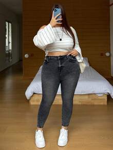 SHEIN CURVE+ Plus Size Women Pocket Skinny Casual Versatile Jeans, High-Waist Asymmetric Design Stretch Slim Denim Pants, Dark Wash, Summer, Casual, Everyday Flare Pants - Black - View 7