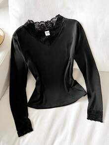 SHEIN Camiseta de punto ajustada de manga larga con cuello en V elegante, recorte de encaje y parches para niña preadolescente, color negro - Negro - Ver 5