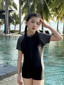 Dazy Kids 1pc Tween Girl/Tween Girl' One-Piece Swimsuit, Autumn Design,Back To School Clothes Vacation - Black - View 2