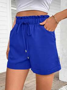 SHEIN LUNE Women's Solid Color Paper Bag Waist Pocketed Casual Shorts - Royal Blue - View 6