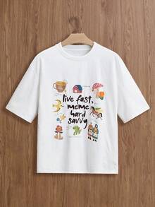SWAVVY Men's Casual Cartoon Pattern & Letter Embroidered Short Sleeve T-Shirt, Summer - White - View 1