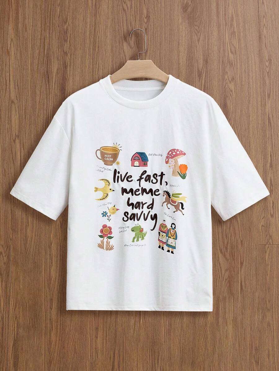 SWAVVY Men's Casual Cartoon Pattern & Letter Embroidered Short Sleeve T-Shirt, Summer - White - View 1