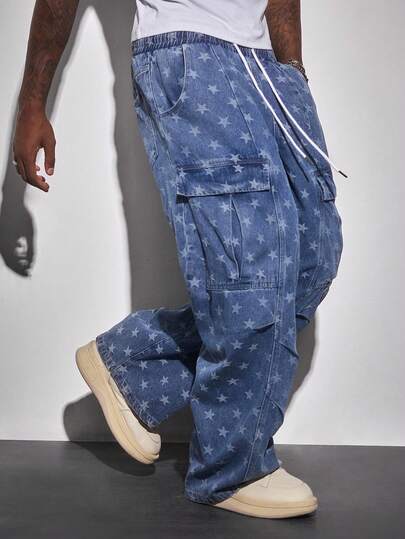 Street Life Herren Jeans mit Sternenmuster, Cargo-Taschen und Destroyed-Waschung