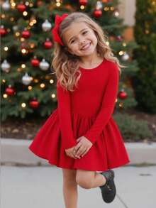 SHEIN Váy len cổ tròn chắp vá họa tiết đèn lồng cho bé gái, váy dài tay thanh lịch có quần short bên trong, phù hợp cho mùa thu đông, màu đỏ cho Giáng sinh, trang phục dự tiệc, trang phục hàng ngày đến trường, váy sinh nhật, váy công chúa, trang phục phù hợp cho mẹ và con gái và chị em gái - Đỏ - Xem 7