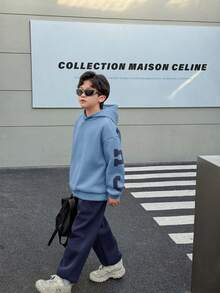 SHEIN 兒童青少年男孩海軍藍韓風寬鬆字母圖案連帽衛衣與彈性腰冬季長褲套裝，秋季街頭風校園返校穿搭 - 藏蓝色 - 查看 2