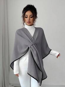 Elenzga 女士新款秋冬单件时尚披肩领开衩斗篷奢华休闲日常开衫毛衣 - 深灰色 - 查看 3