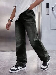 SHEIN Tween Boy Casual Washed Straight Leg Jeans - Black - View 1