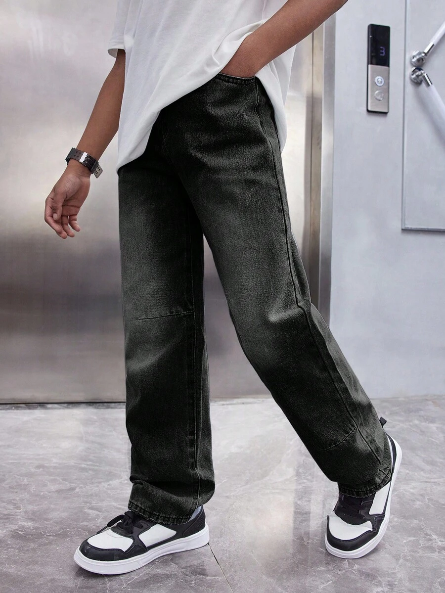 SHEIN Tween Boy Casual Washed Straight Leg Jeans - Black - View 1