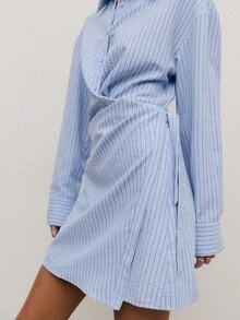 Nöista Vestido camisero a rayas azules con cintura anudada. Ropa de mujer para primavera y verano. Atuendos de verano para mujer elegantes. Vacaciones de lujo, salidas, bodas, fiestas, festivales, verano - Azul - Ver 3