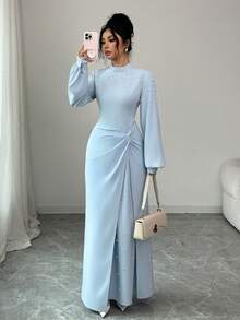 SHEIN Elenzya 女士优雅派对礼服，蓝色，串珠设计，秋冬款 - 淺藍色 - 查看 7