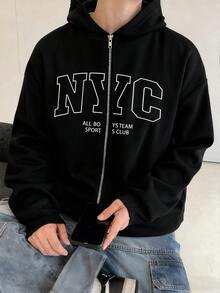 Manfinity Dauomo NYC Herren Bedruckter Muster Langarm Reißverschluss Hoodie, bequem für den täglichen Gebrauch - Schwarz - Übersicht 1