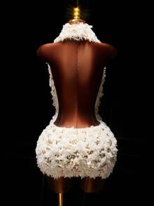 Amplova Váy ngắn hở lưng cổ yếm màu trơn gợi cảm không tay cho nữ - Màu be - Xem 7