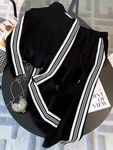 SHEIN 大码合身立领插肩袖开衫 + 斜口袋直筒裤 - 黑色 - 查看 2