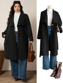 SHEIN LUNE 大码女式纯色翻领长袖开襟休闲羊毛混纺外套，秋冬款 - 黑色 - 查看 1