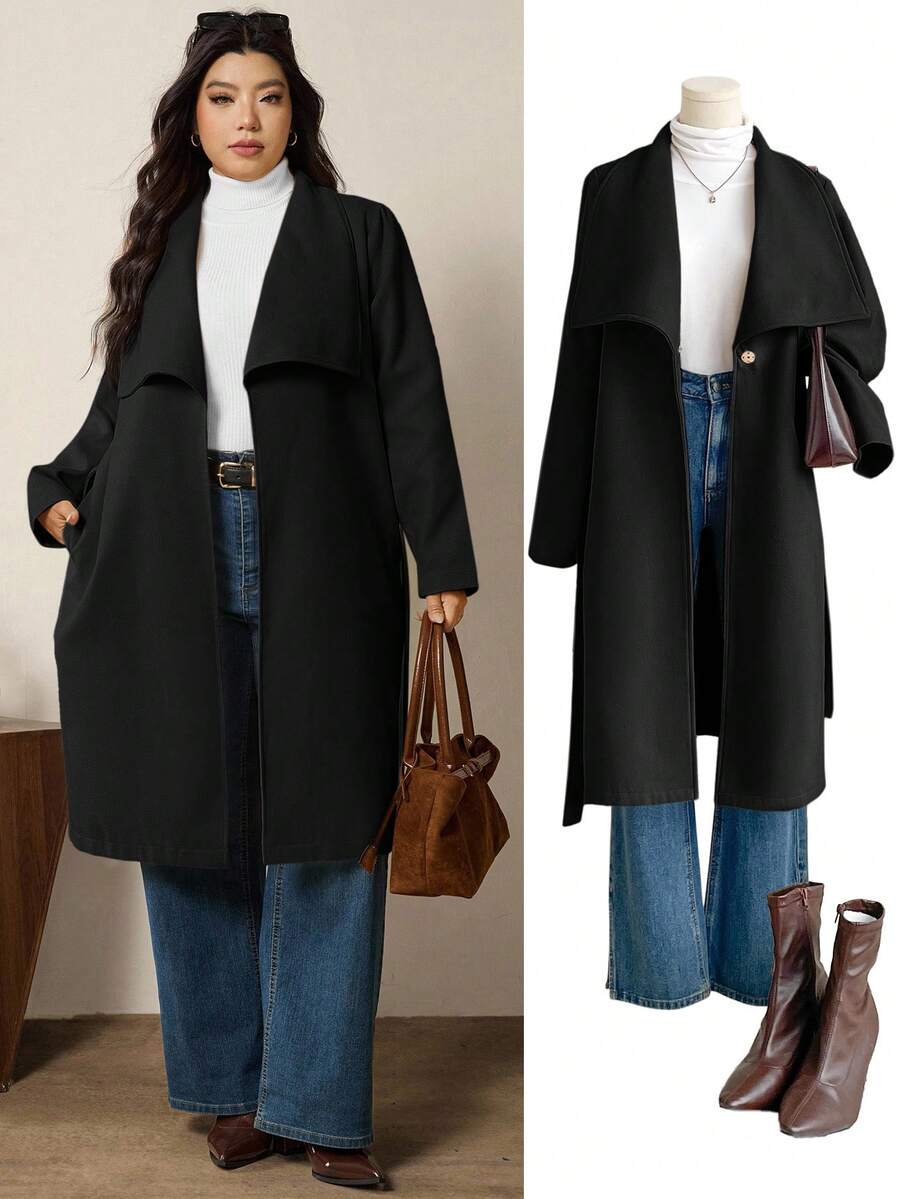 SHEIN LUNE 大码女式纯色翻领长袖开襟休闲羊毛混纺外套，秋冬款 - 黑色 - 查看 1