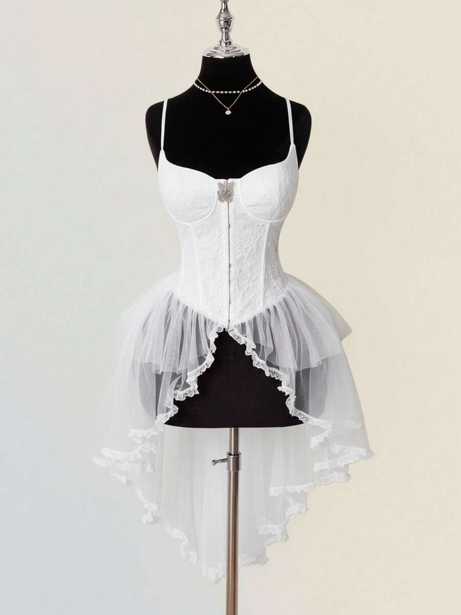 SHEIN ICON 女士提花吊带背心，性感宫廷风，适合派对和聚会，红色束身胸衣，红色薄纱高低摆束身胸衣，红色派对秋季女装，婚礼宾客女式上衣 - 白色 - 查看 1