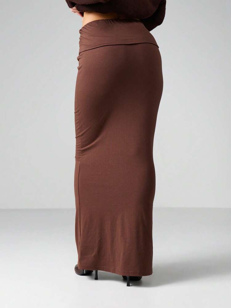 MISSGUIDED Spódnica maxi z zagiętym paskiem, długa, dopasowana, z wysokim stanem, elastyczna, swobodna, na jesień i zimę, na wieczór