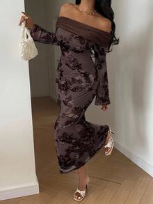 Serisse Women's Elegant Floral Embroidery Off-Shoulder Mid-Length Dress, Autumn Winter Brown Long Bodycon Dress Long Sleeve Elegant Dress Spring - Coffee Brown - View 4